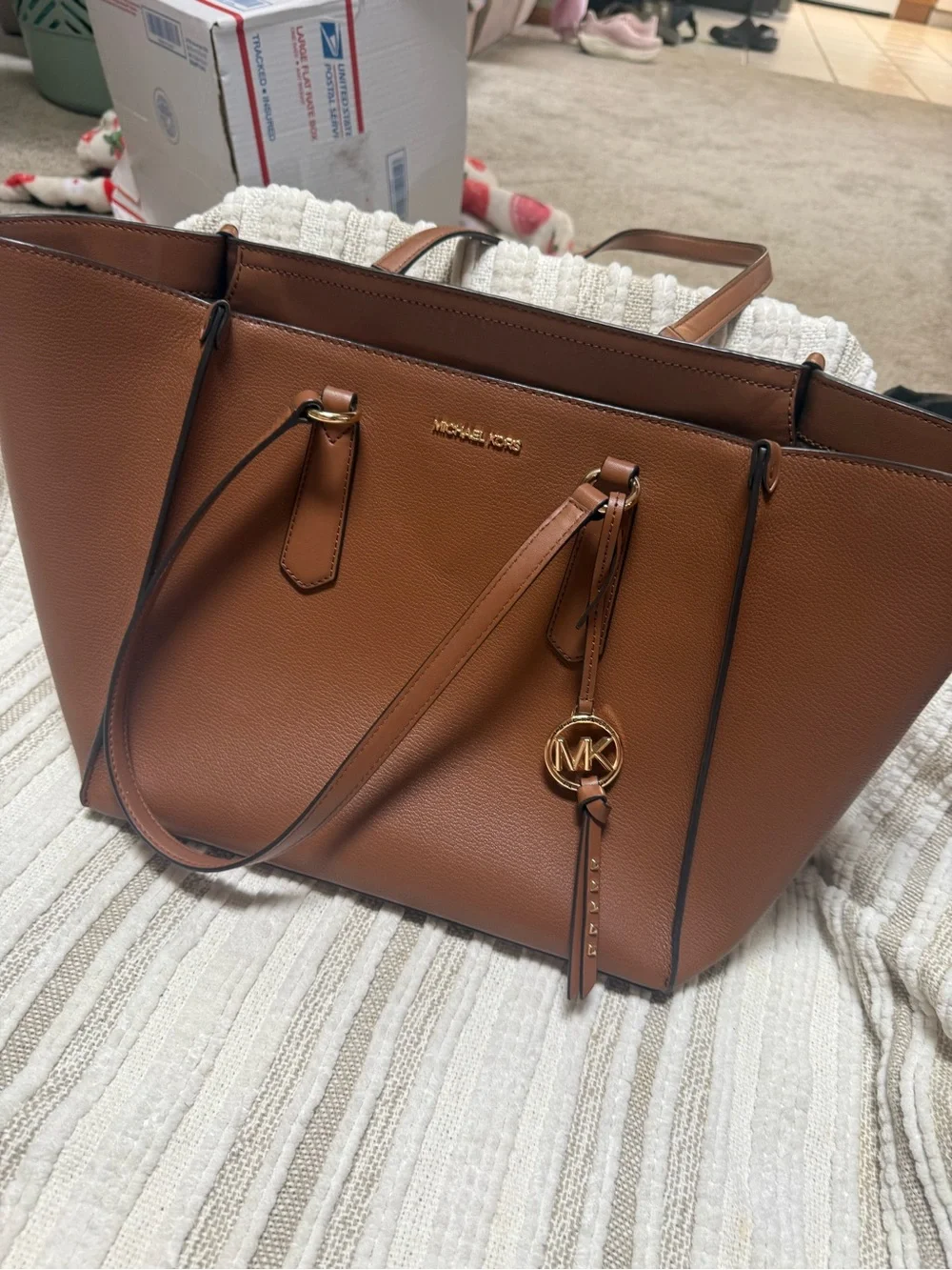 Michael Kors Cognac Pebbled Leather Tote with Gold MK Charm